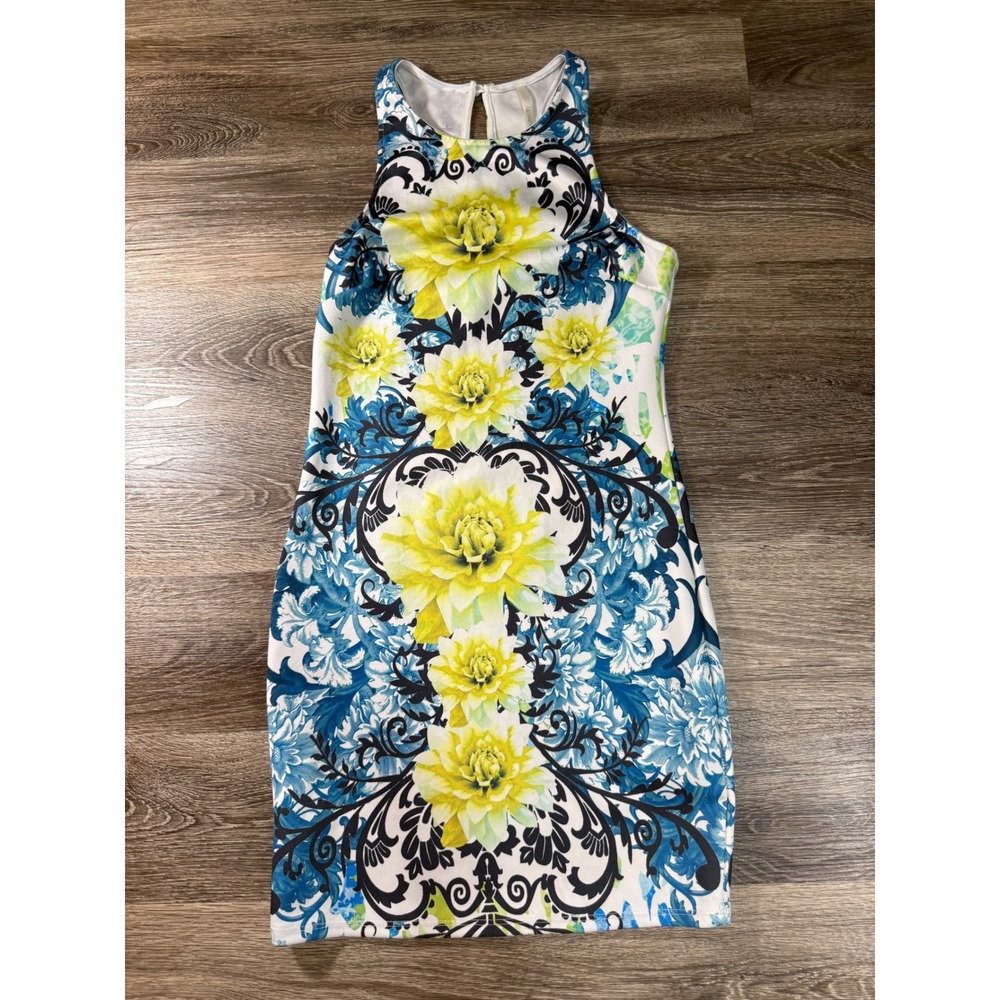Jacaranda Sheath Dress Cottagecore Yellow Floral Blue Baroque Keyhole Back Sz: M